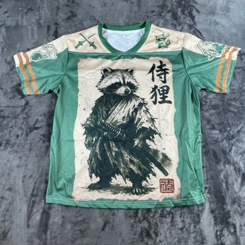 Tokyo Tiger Retro Raccoon Samurai Mesh Jersey Green Cream Large L Streetwear